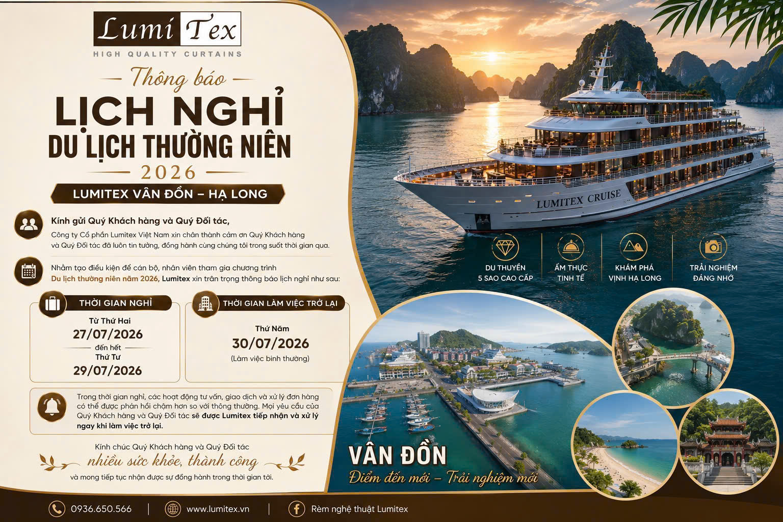 Thông báo lịch nghỉ Du lịch thường niên 2026