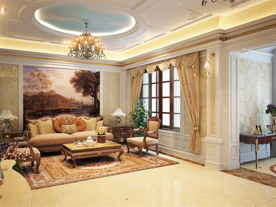 rèm vải tân cổ điển cho phòng khách biệt thự