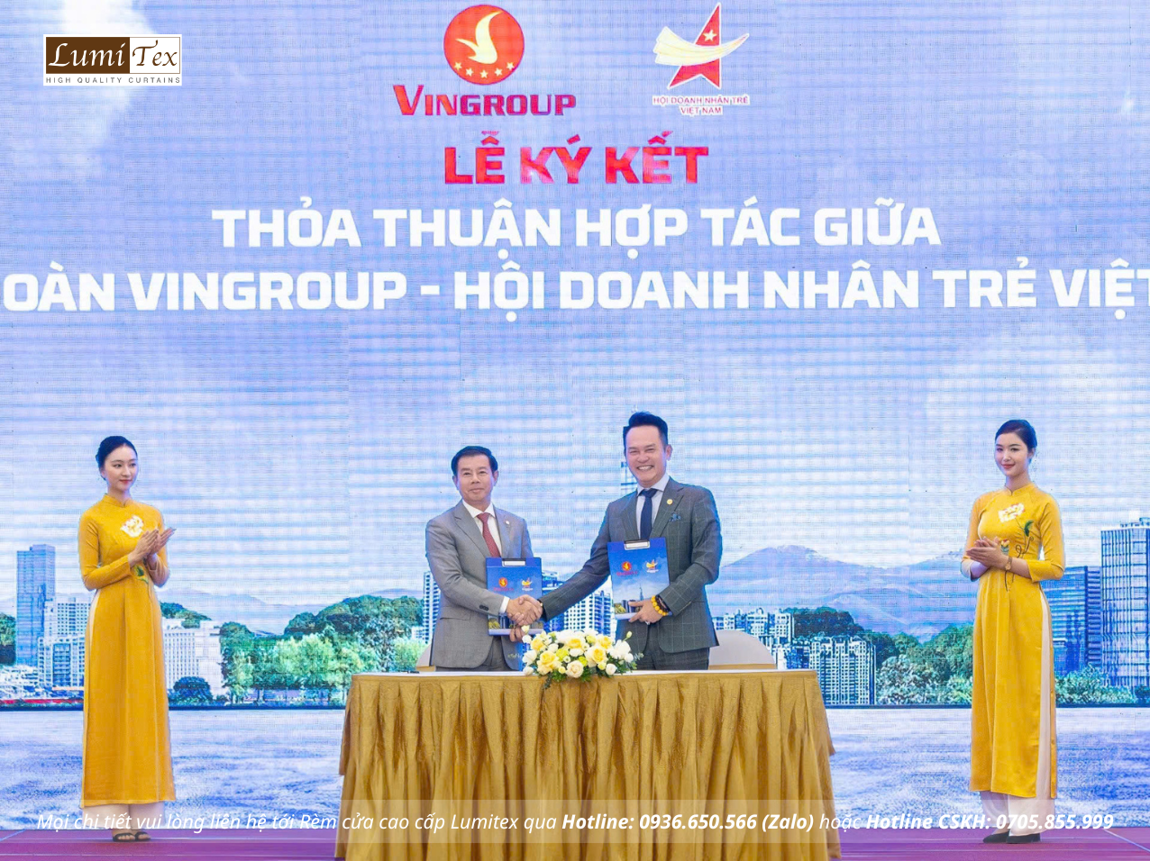 Anh Đặng Hồng Anh, Chủ tịch Hội Doanh nhân trẻ Việt Nam (bên phải) và ông Nguyễn Việt Quang, Phó Chủ tịch HĐQT – Tổng giám đốc Vingroup (bên trái) ký kết thỏa thuận hợp tác.