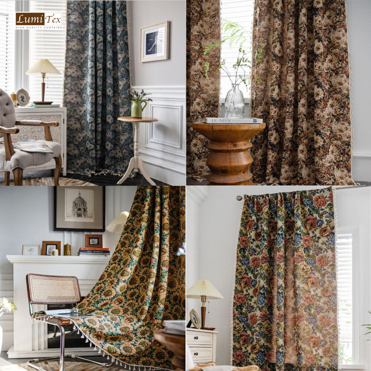 Các mẫu rèm vintage thường được thiết kế với họa tiết đa dạng như hoa lá, sọc kẻ hoặc chấm bi