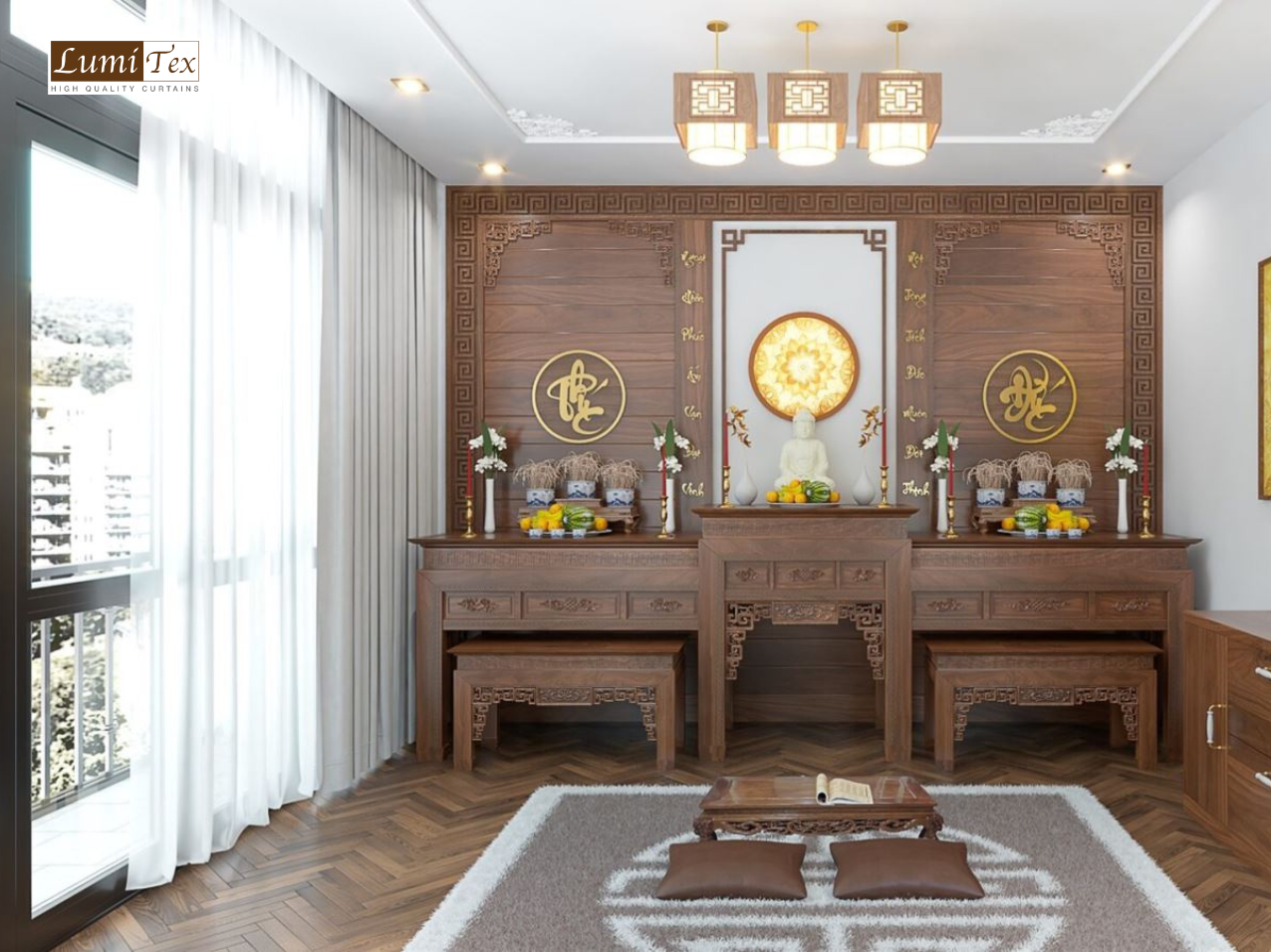 Với thiết kế đơn giản nhưng tinh tế, rèm voan không chỉ làm đẹp không gian mà còn tôn lên vẻ trang trọng của phòng thờ. Họa tiết nhẹ nhàng trên rèm thêm vào không gian sự ấm cúng và thân thiện.
