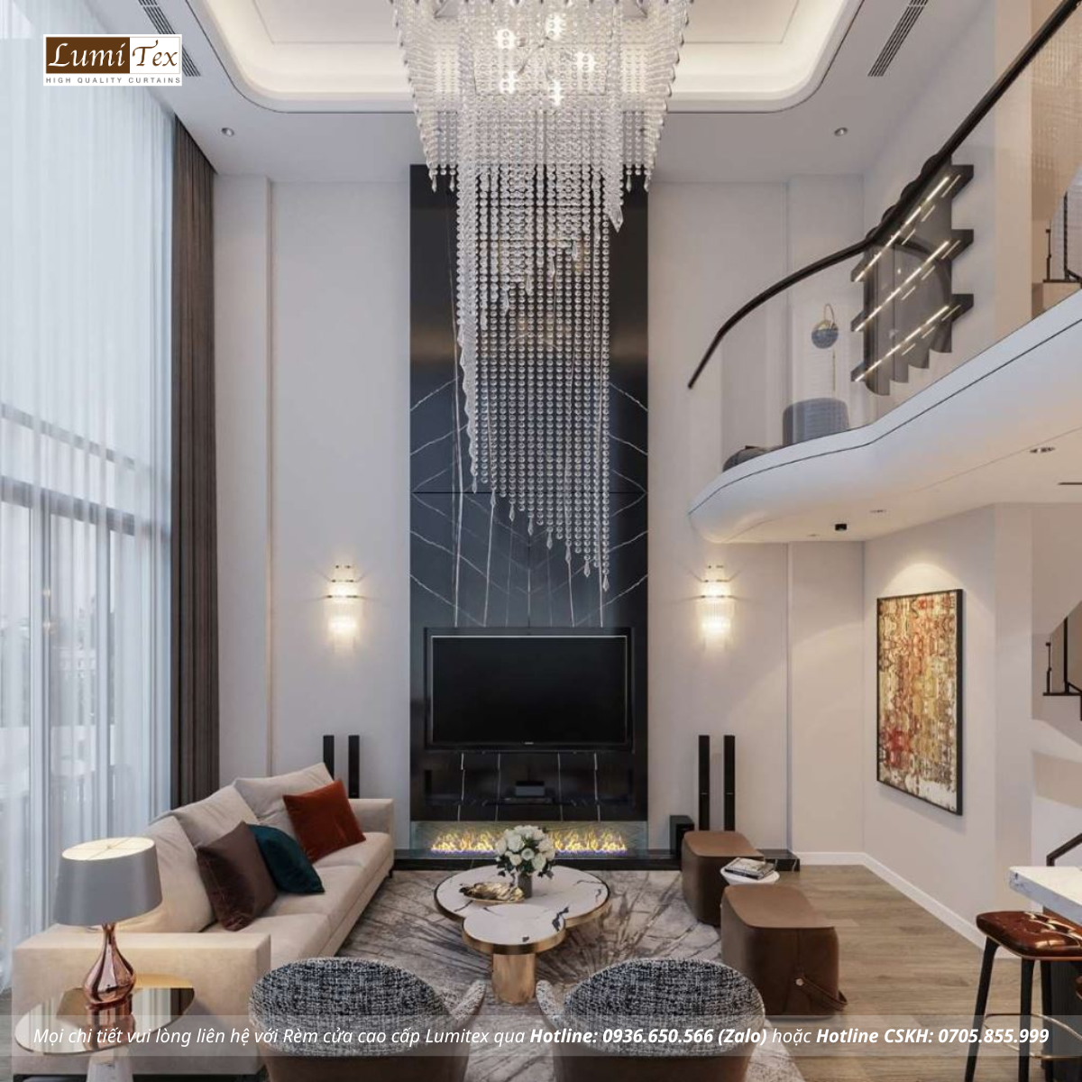 không gian trang trí rèm thông tầng