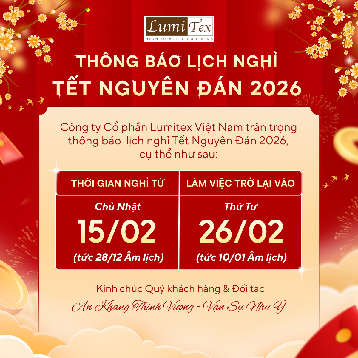 Thông báo nghỉ tết Nguyên Đán 2026