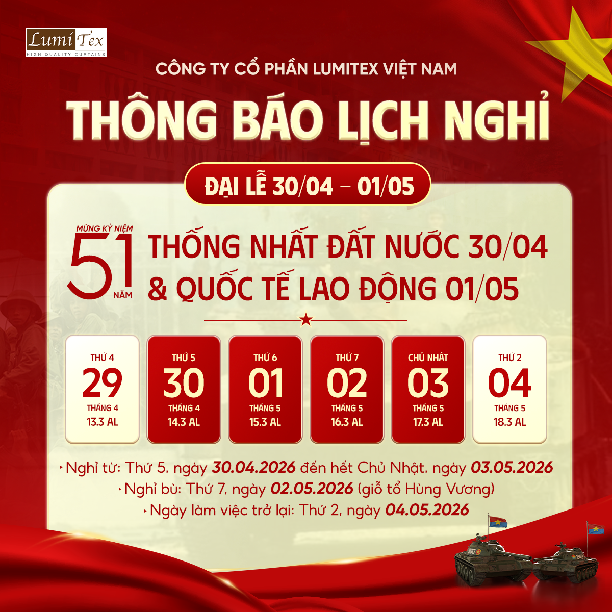 Thông báo lịch nghỉ lễ 30/04 – 01/05 năm 2026 Thông báo lịch nghỉ lễ 30/04 – 01/05 năm 2026