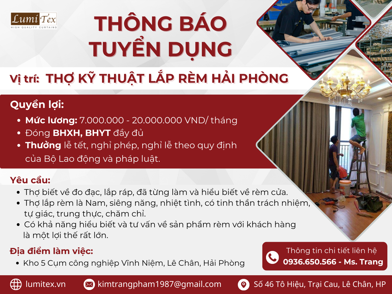 TUYỂN DỤNG THỢ LẮP ĐẶT THI CÔNG BẢO HÀNH KỸ THUẬT RÈM HẢI PHÒNG