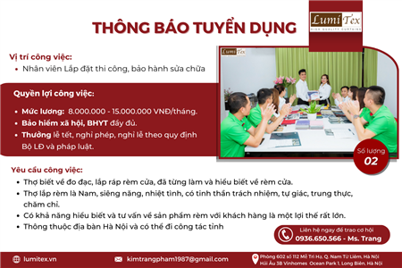 TUYỂN DỤNG NHÂN SỰ LUMITEX NĂM 2024 CHI NHÁNH HÀ NỘI